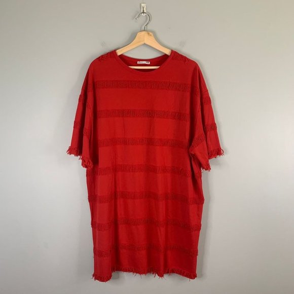 Zara Womens Red Fringe T-Shirt Shift Dress Size Large Cotton Pullover Crew Neck - Picture 2 of 12